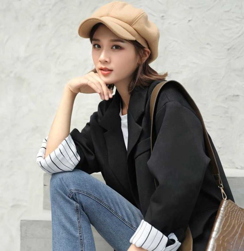 Loose Cloud Top Octagonal Beret Hats Wool Blended Newsboy Hat Women Cool Street Brim Cap Outdoor Winter Autumn Berets Caps GirlX240919