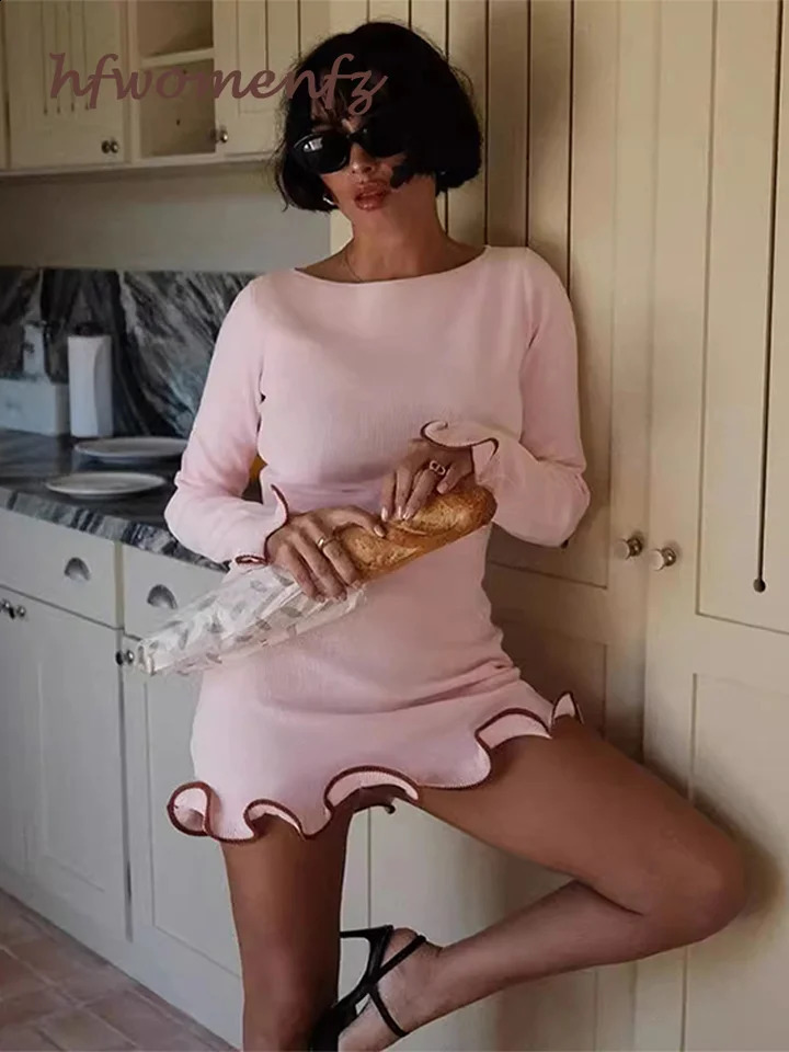 Elegant Knitted Ruffle Hem Mini Dress Women White Wave Cut Long Sleeve Slim O-neck Short Dresses Female Fashion Lady Vestidos 240918