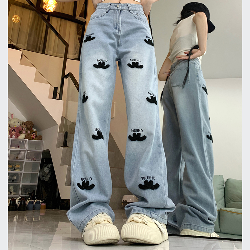 2026 Women Spring New High Waist Denim Straight Jeans Lady Embroidery Designer Casual Pants Girls Light Blue Wide Leg Trousers