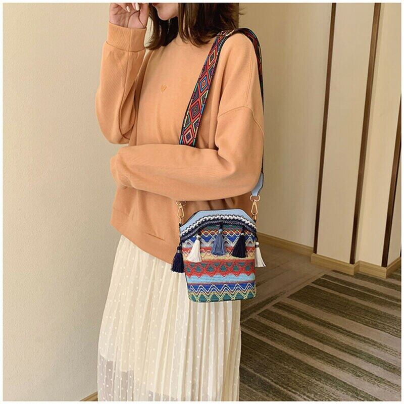Vintage National Women's Tassel Ethnic Handwoven Crossbody Bag Hippie Sg Shoulder Bags For Ladies Small Handbag 4 Colors