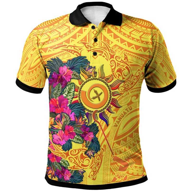 Polynesian Pattern Polo Shirt Men Hawaii Maori 3d Print Lapel Short Sleeves Loose Button Tee Shirts Casual Streetwear T-ShirtX240920