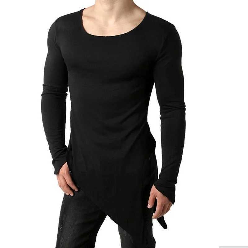 Men asymmetrical design punk hip hop long sleeve t shirt side split long tee shirts mens casual vintage streetwear gothic topsX240919