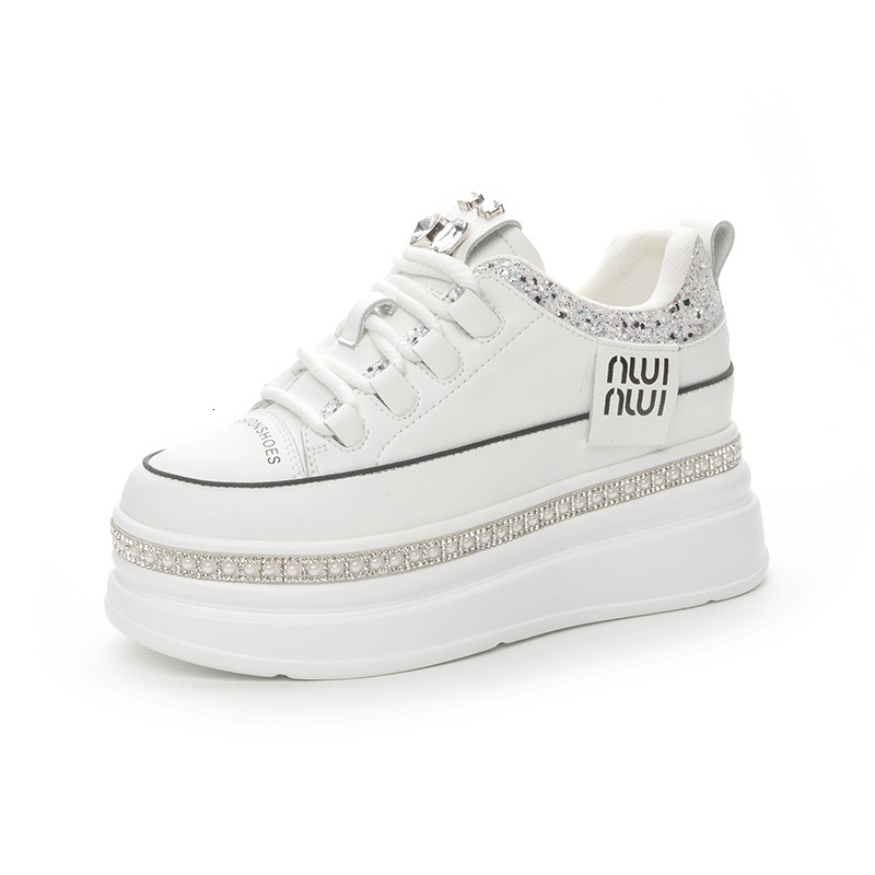 2024 Spring New Women's Shoes with a 7cm increase in inner height, sponge cake thick soled shoes, rhinestones, Instagram fashion trendy white sho