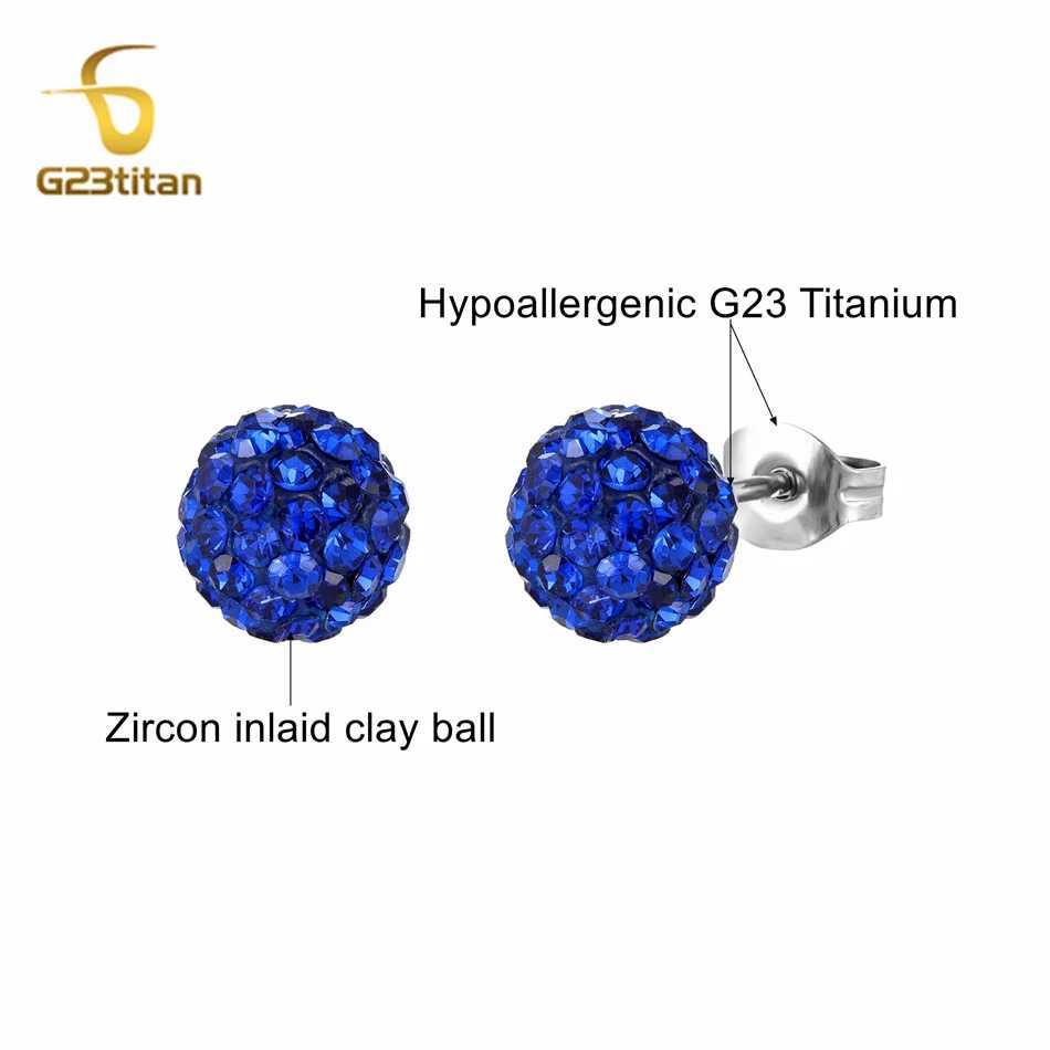 10mm 8mm blue Shambhala bead earrings mens Pave crystal disco clay ball G23 titanium perforated earrings hypoallergenic jewelry W240919