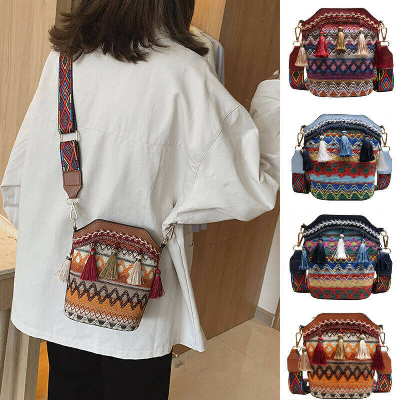 Vintage National Women's Tassel Ethnic Handwoven Crossbody Bag Hippie Sg Shoulder Bags For Ladies Small Handbag 4 Colors