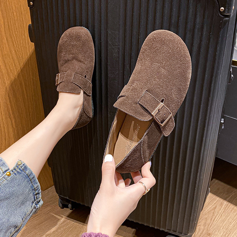 New cowhide Haken shoes for women in spring, casual round toe flat shoes, height increasing single shoes, lazy people, one foot shoes