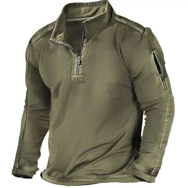 Spring And Autumn Foreign Trade Large Men's Outdoor Zipper Pocket Half Pull Chain Collar Tactical Long Sleeve T-Shirt Casual Hoodie