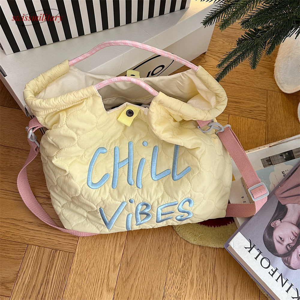 2024Autumn/Winter New Canvas Korean Edition Letter Embroidered Quilted Handbag Crossbody Bag Lightweight and Large Capacity #22 Swissmilitary