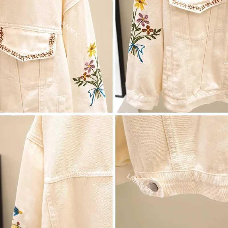 Denim Jacket Women Embroidery Overcoat Jeans Jacket Loose Base Coat Beige Outerwear Female New Spring Autumn 2023 NewX240920