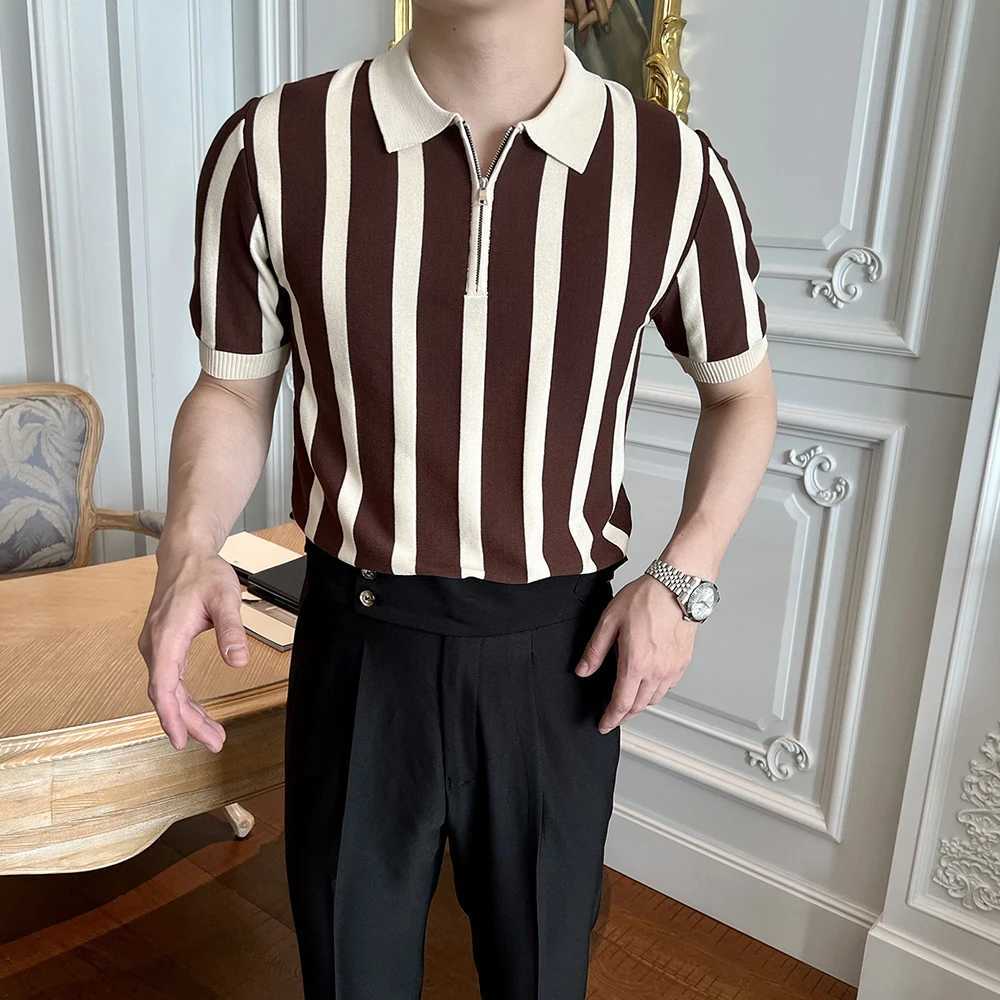 Mens Clothing Leisure Light Luxury Knitted Polo Shirt Korean Striped Zipper Short Sleeve Retro Breathable Fashion Knitwear TeesX240920