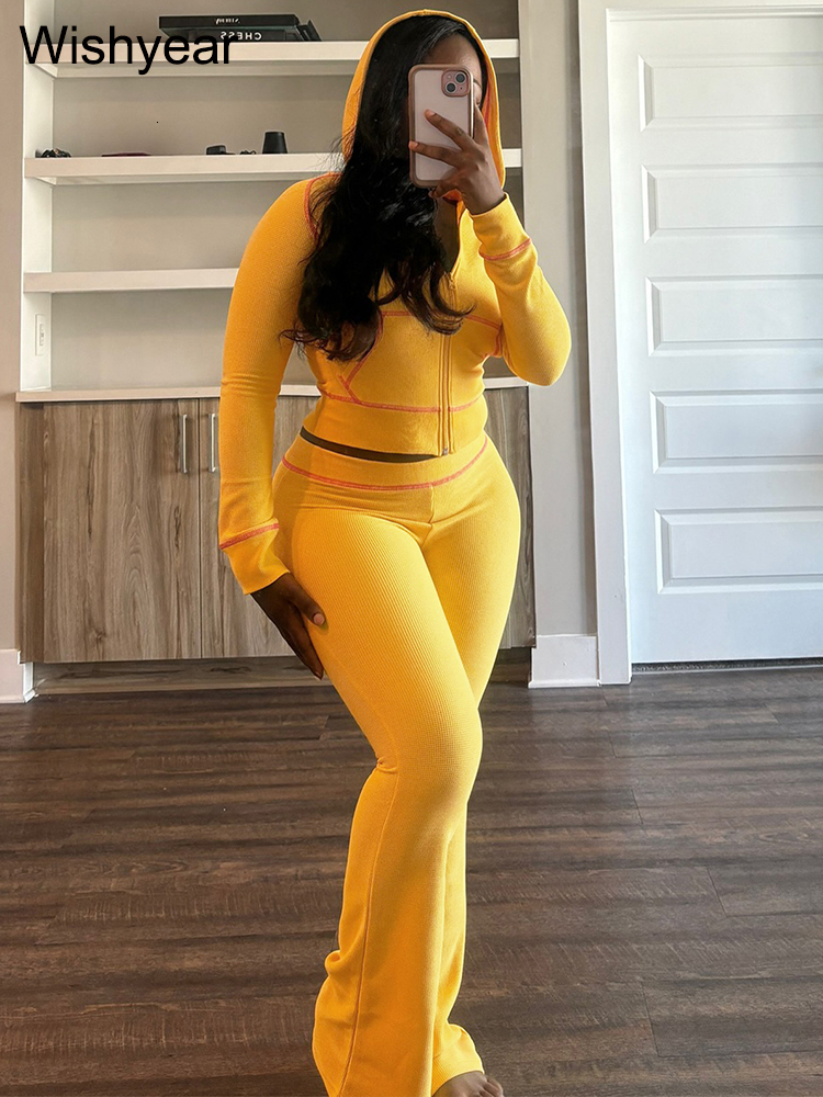 Fashion Yellow Long Sleeve Hooded Crop Jacket Top And Jogger Flare Pants Two 2 Piece Set Women Sweatsuit Tracuit Matching Suit