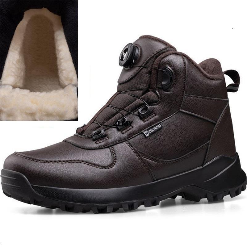 Waterproof Snow Boots Men Ankle Booties Leather Cotton Keep Warm Rotary Button Snowboots Plush Winter Shoes Father