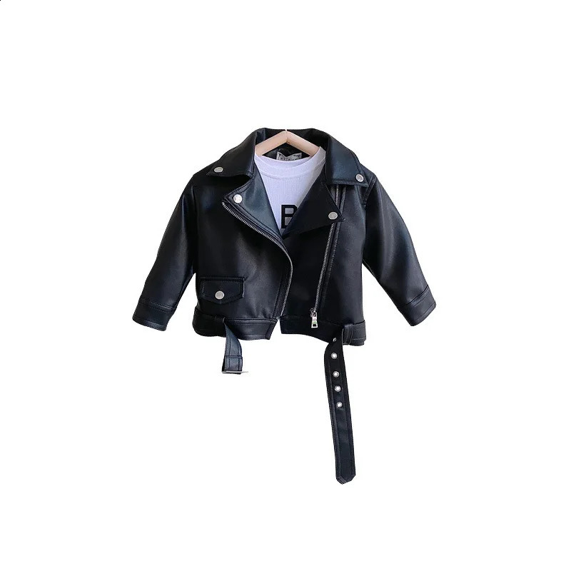 Autumn girls PU leather fashionable black jacket long sleeved cool baby girls PU jacket childrens jacket childrens clothing 240918