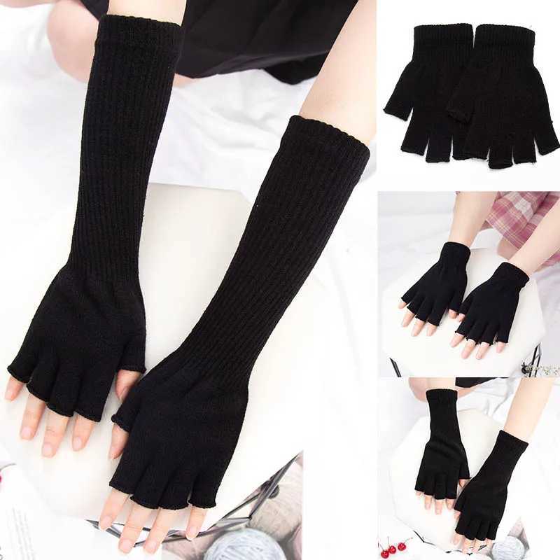 1Pair Black Unisex Half Finger Fingerless Gloves for Women Men Wool Knit Wrist Cotton Gothic Gloves Winter Warm Workout Gloves Y240919