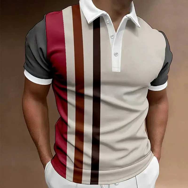 Classic Mens Polo Shirt Summer Stripes Print Short Sleeve Tee Shirts Casual Business Button Tees Tops Fashion Polo Shirts LapelX240920