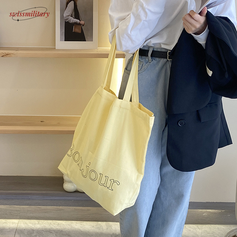 Korean Ins style letter canvas homemade simple color printed large capacity tote shoulder shopping bag #12 Swissmilitary