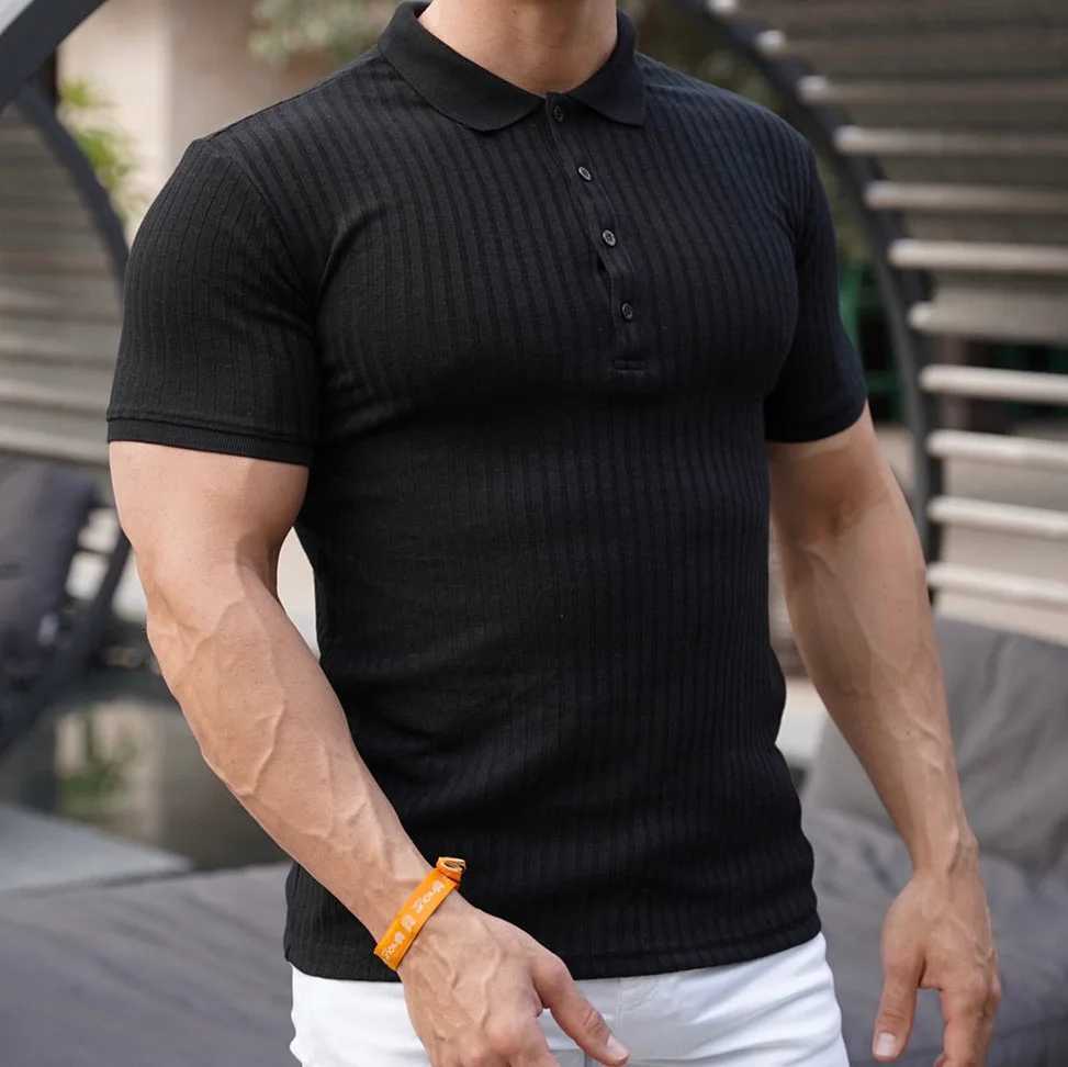 New Summer Mens Pole Solid Color Striped Fitness Short Sleeve Polo Shirt Mens Fashion Stand Collar Mens Shirt TextureX240920