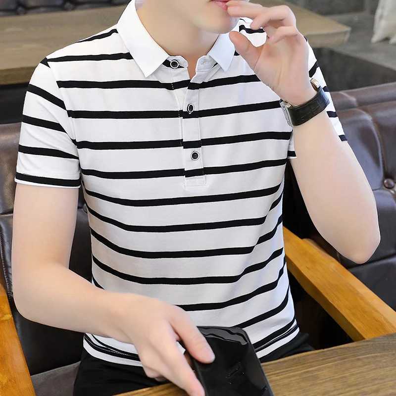 Basic Striped Short Sleeve Polo Shirts Mens Clothing Commute Casual Turn-down Collar Summer Contrasting Colors Slim T-shirtsX240920