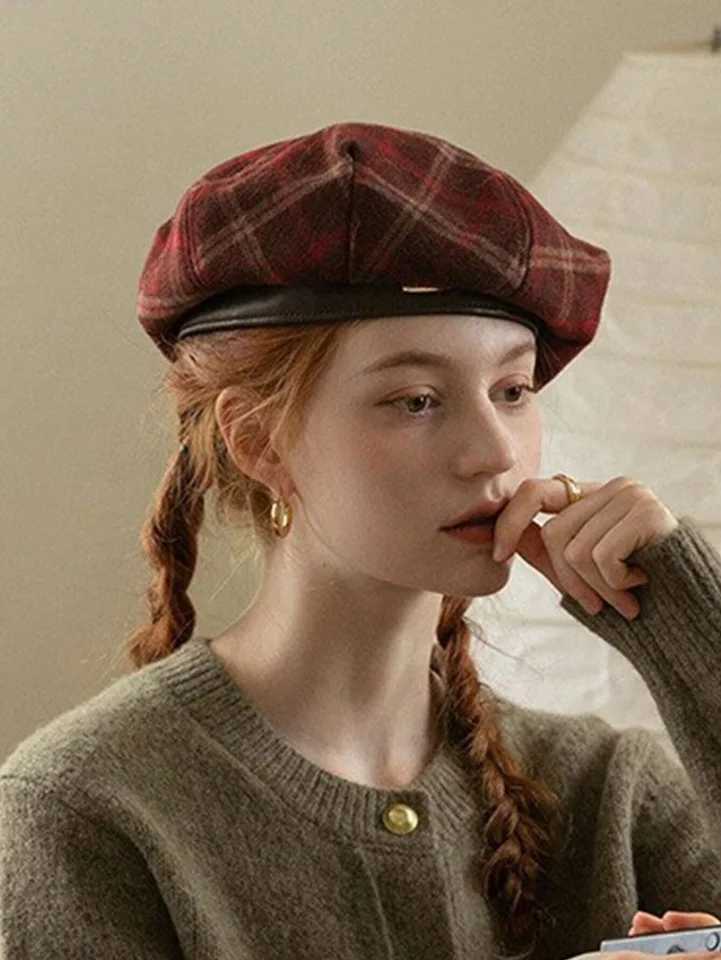 Big head leather edge beret female British retro plaid woolen octagonal hat versatile painter hat femaleX240919