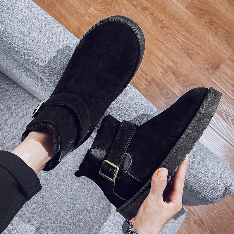 Winter high top plush snow boots northeast wearing, casual buckle cotton for men, suede Korean version solid color bread shoes