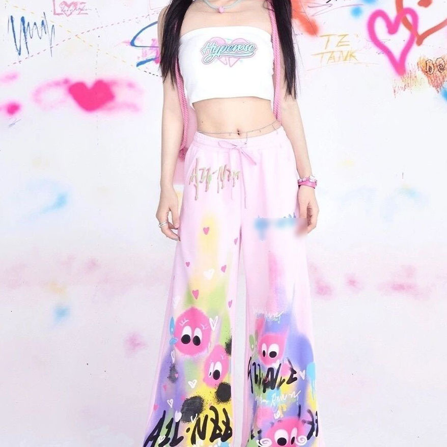 2026 High Street Leg Colorful Rainbow Graffiti Wide Summer Women Style Loose Casual Slim Spring Girls or Length Pants