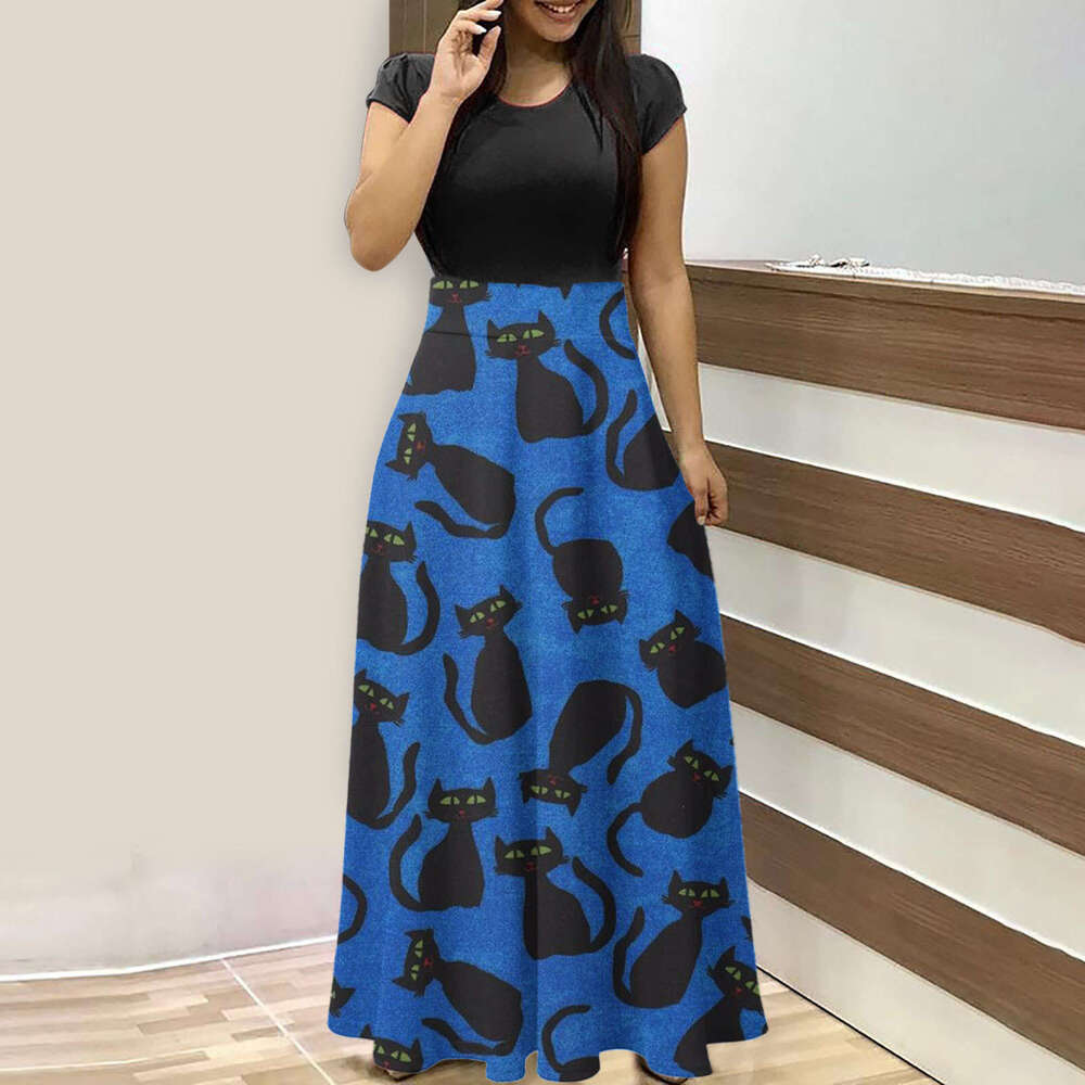 Hallowmas Halloween Gothic themed printed color blocked waist hugging holiday dress for women