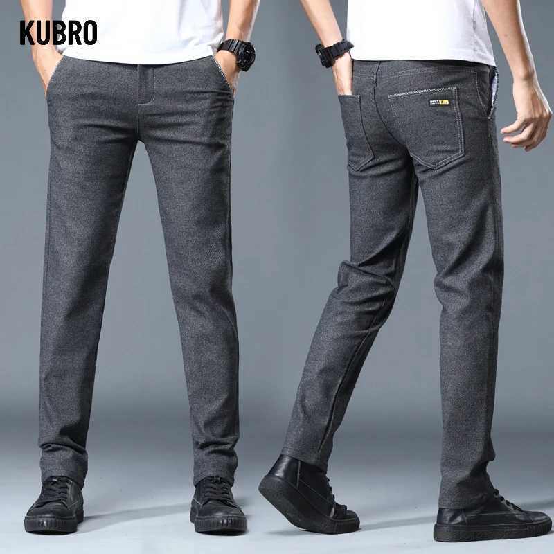 KUBRO mens brushed fabric casual pants business fashion slim fit elastic thick gray blue pure cotton mens pants W240919