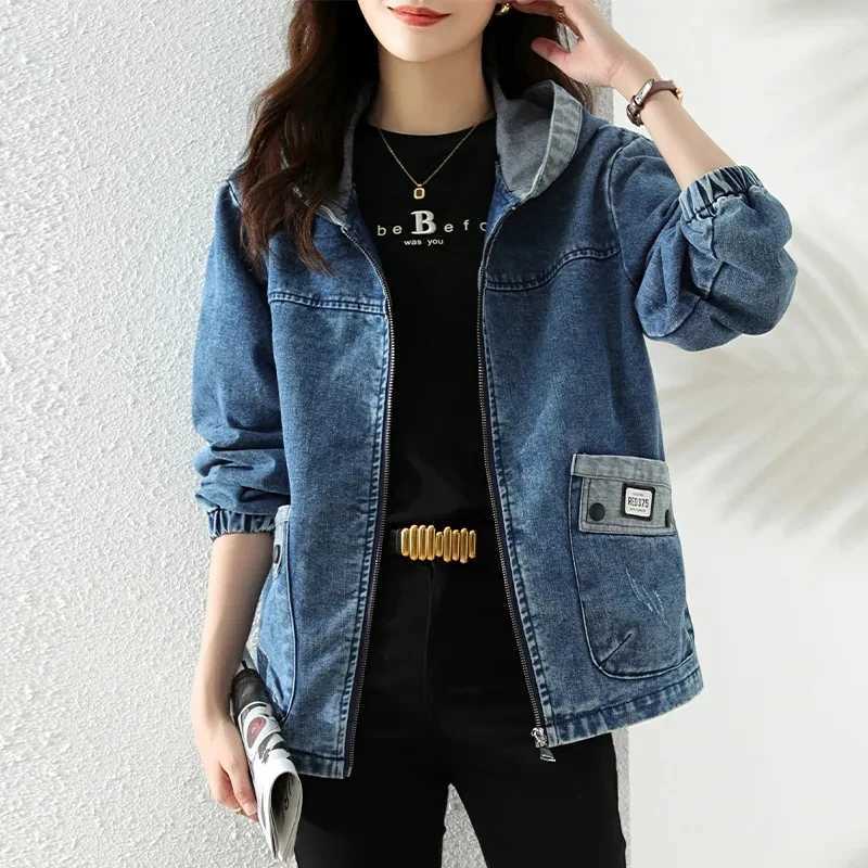 New 2024 Spring Autumn Womens Hooded Denim Jacket Large Size Ladies Jeans Coat Splicing Zipper Female Big Pocket Cowboy OvercoatX240920