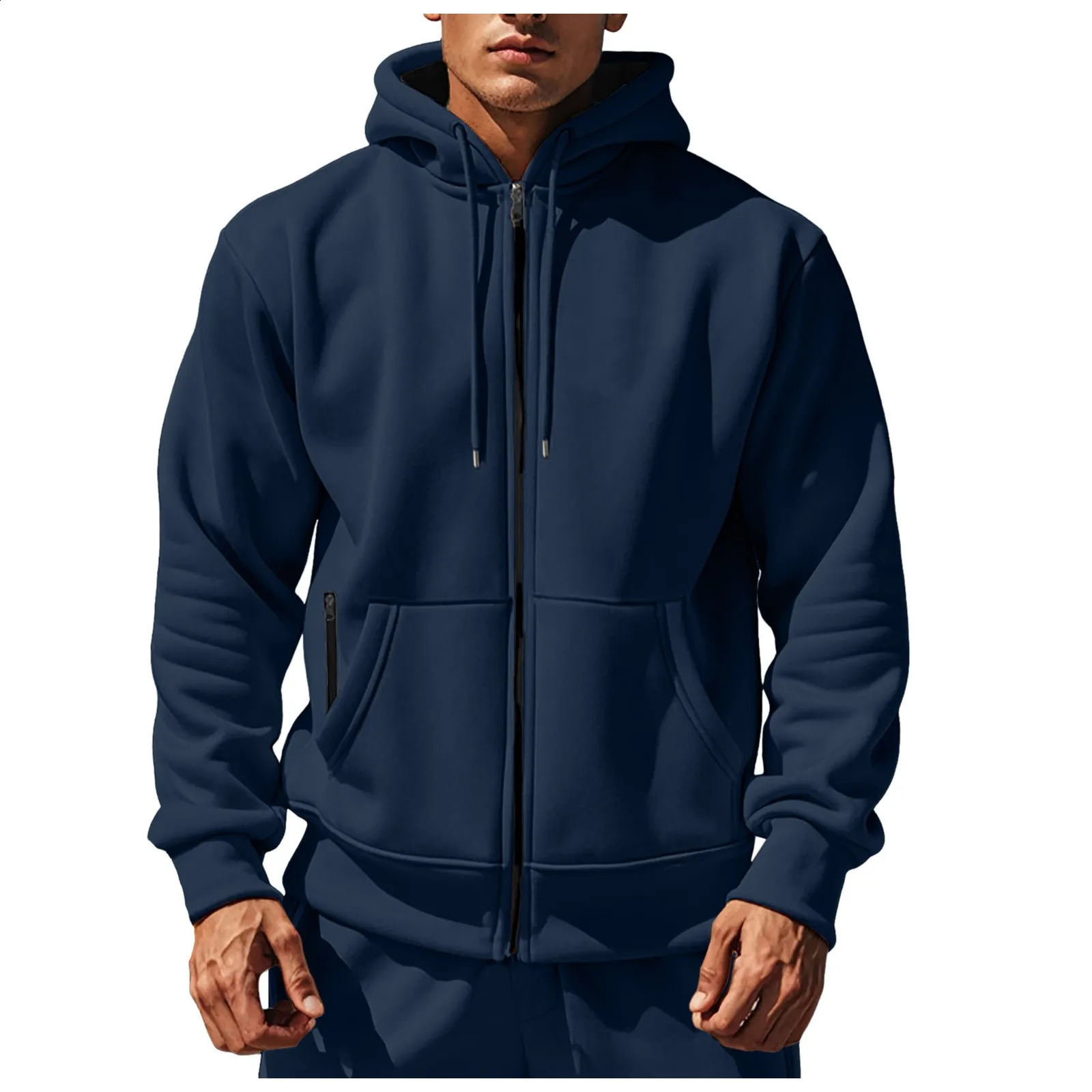 Mens autumn and winter solid color hooded sweater wool warm comfortable mens long casual round neck zipper 240911