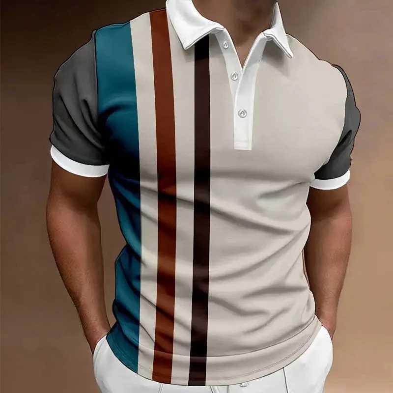 Classic Mens Polo Shirt Summer Stripes Print Short Sleeve Tee Shirts Casual Business Button Tees Tops Fashion Polo Shirts LapelX240920