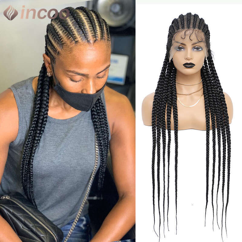 36 Inch Full Braid Colored Black Ombre Honey Blonde Cornrow Box Lace Frontal Braided Wig Synthetic Wigs For Women