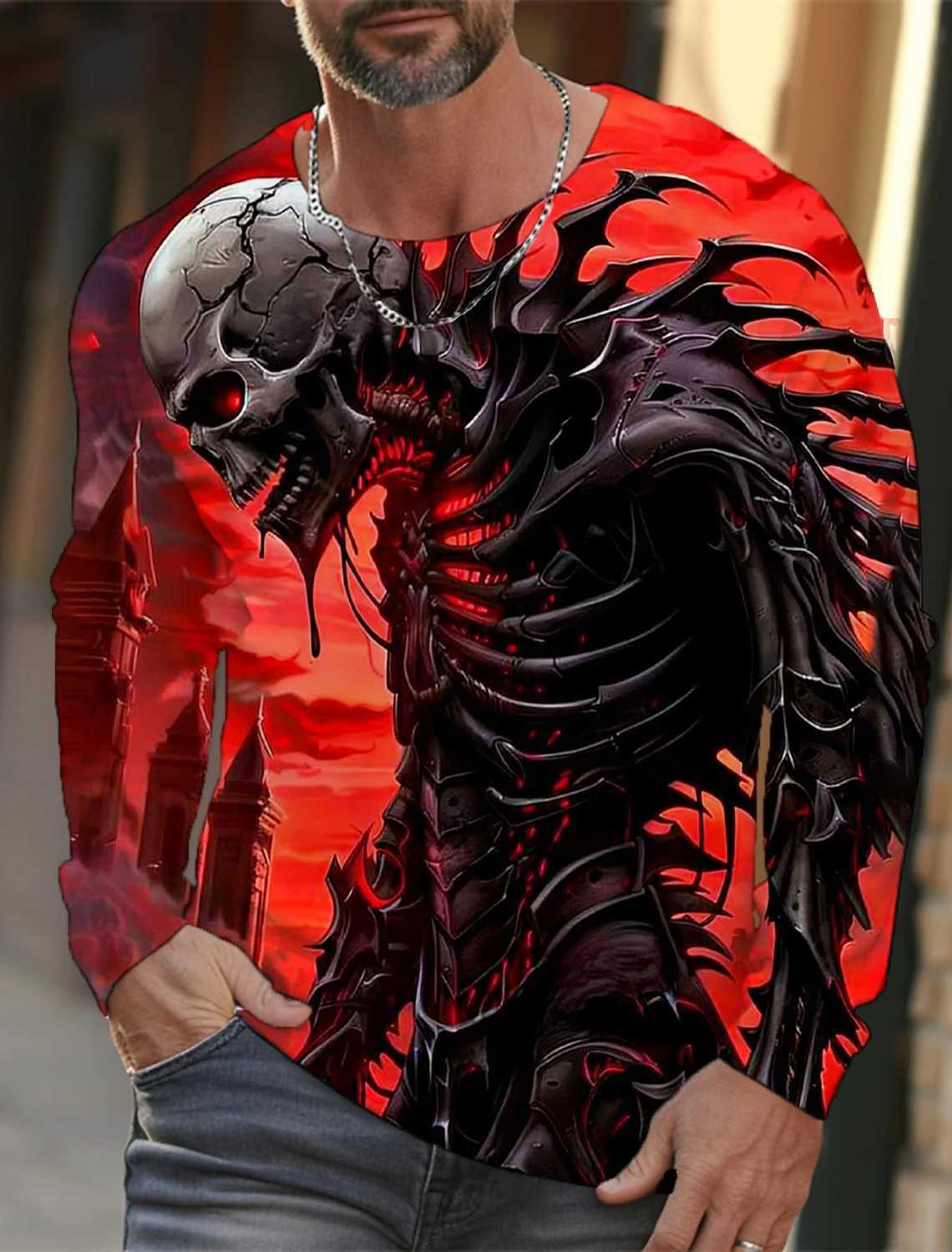 2024 new mens long-sleeved T-shirt 3D printing high-definition skull print mens autumn tops casual round neck home clothesX240919