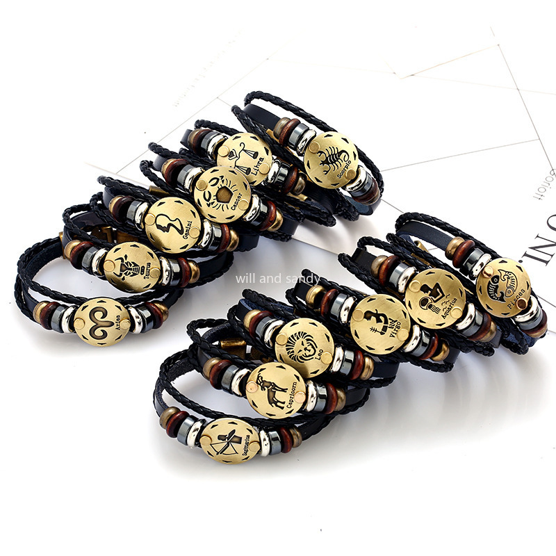 12 Horscope Sign Leather Bracelet Bronze Coin Charm Designer Jewelry Multilayer Wrap Stack Bracelets Woman Man Bangle Cuff Will and Sandy Fashion Jewelry