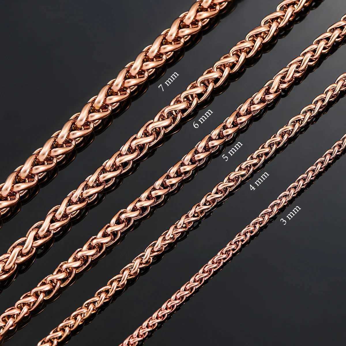 3mm/4mm/5mm/6mm/7mm Rose Gold Color Stainless Steel Wheat Braided Necklace Link Classic Curb Chain for Men Women JewelryX240919