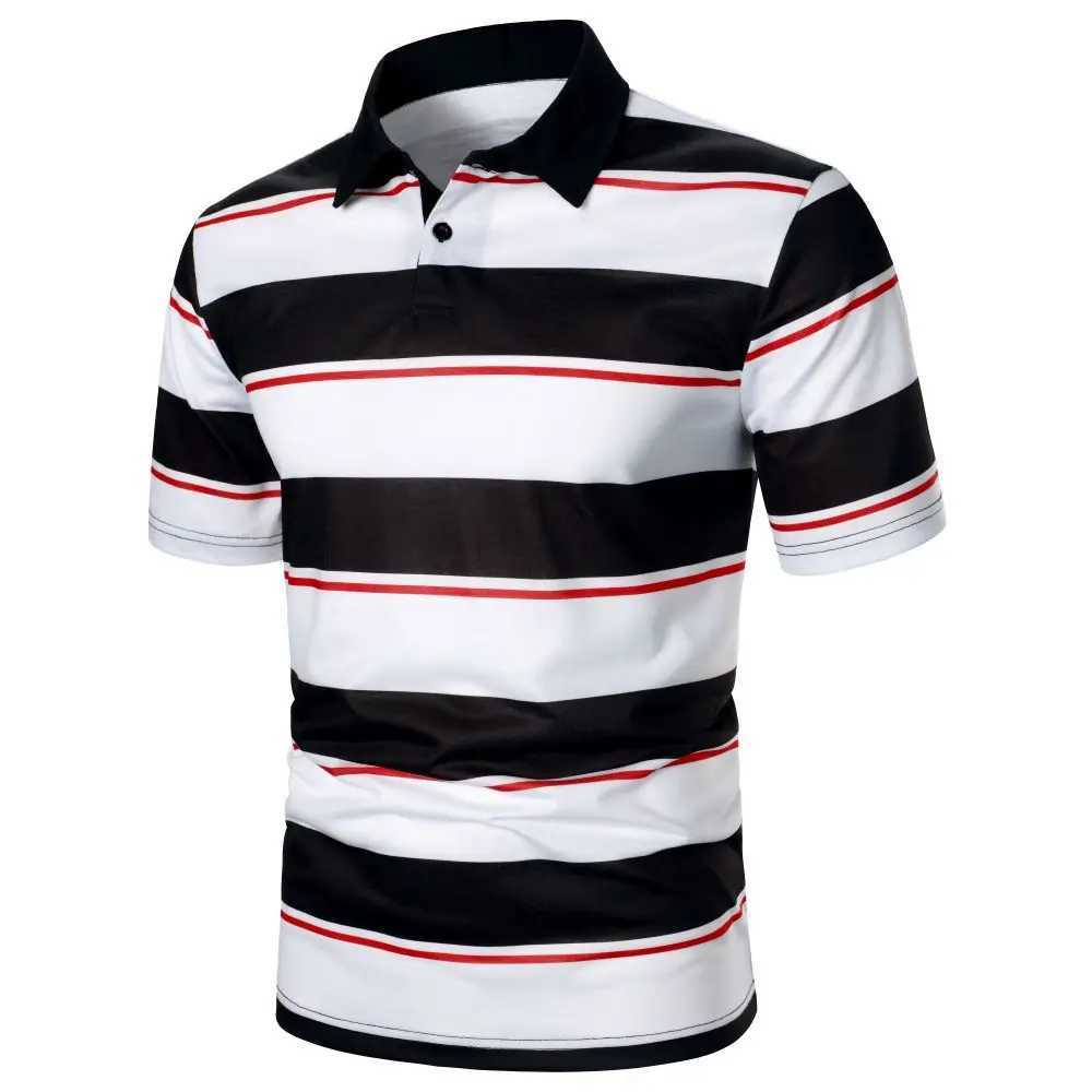 Men Short Sleeve Polo Shirt Contrast Stripe Blue And White Striped Men Top Trending Casual Street Men Lapel Polo ShirtX240920
