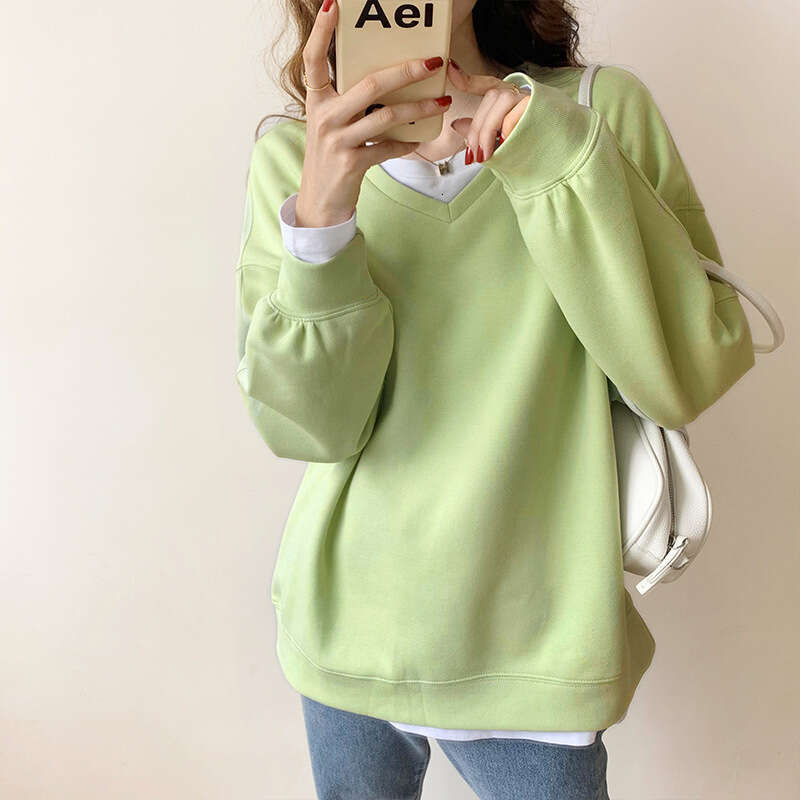 Hallowmas Oversize Hoodie for Women in Spring Autumn Thin Style 2024 New Item V-neck Loose and Lazy Style Solid Color Long Sleeved Pullover Top Autumn