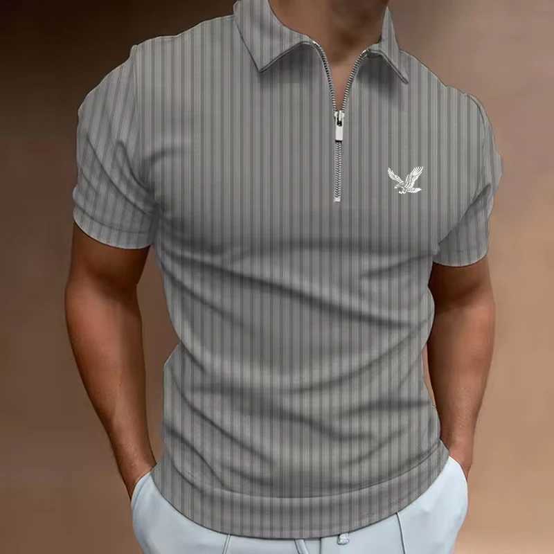 New Trending Men Short Sleeve Casual Print Stripe Zipper Polo Shirt Men Golf Polo ShirtX240920