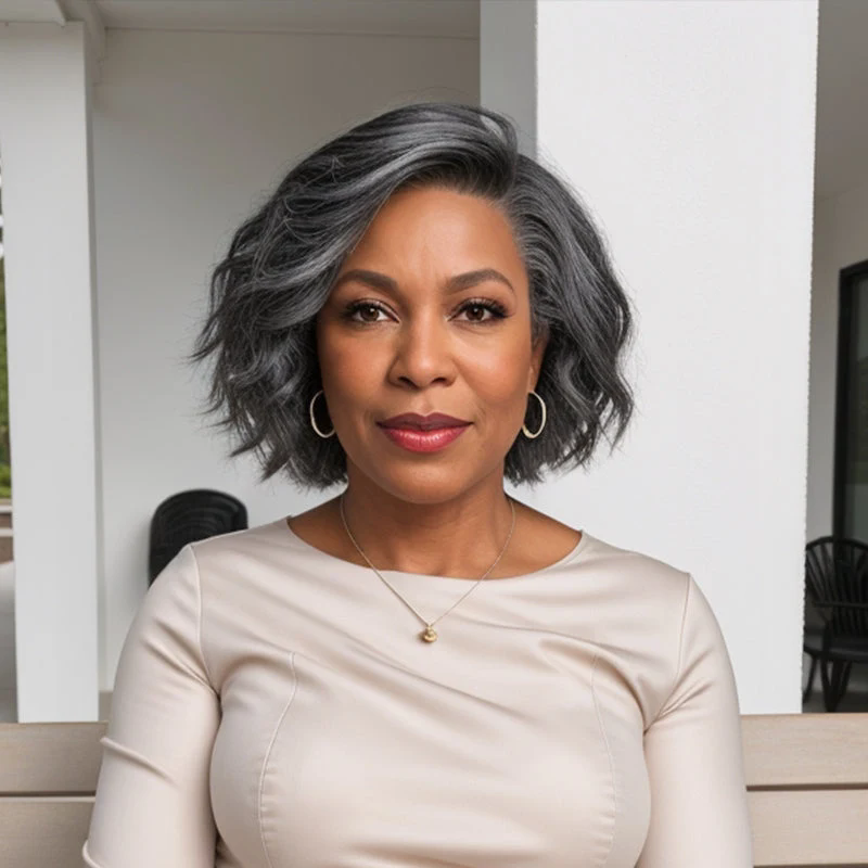 Soft Salt And Pepper Peppered Short Body Wave Wig 5x5 Lace Front Human Hair Wigs about 13day