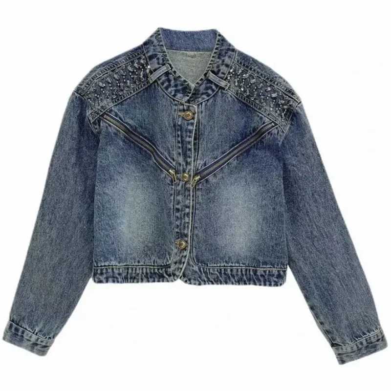 Short Cowgirl Coat Diamond-Encrusted 2024 Women New Denim Jackets Outwear Fashion Spring Autumn Zipper Denim Jacket FemaleX240920