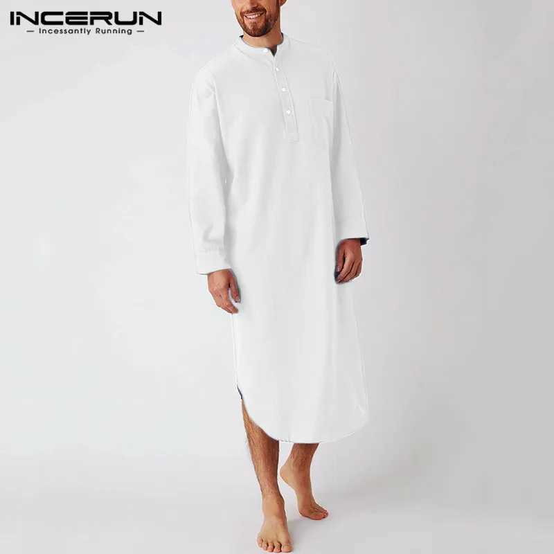 INCERUN Cotton Mens Sleep Robes Solid Color Long Sleeve Nightgown O Neck Leisure Mens Bathrobes Comfort 2023 Homewear Plus Size Y240919