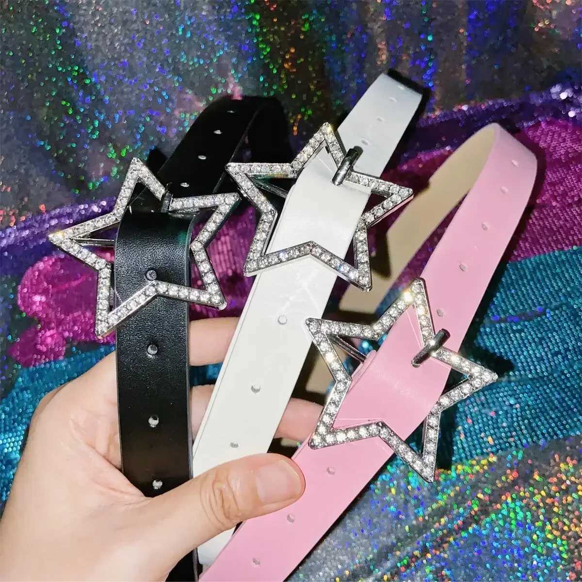 Y2K Womens Belt Pink Black and White Star Belt Denim Star PU Leather Rhinestone Belt Ins Sweet Cool Tight Jeans Belt W240920