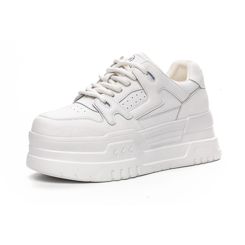 Genuine leather thick small white for women's 2024 winter new style sponge cake sole single shoe color matching lace up casual sports shoes