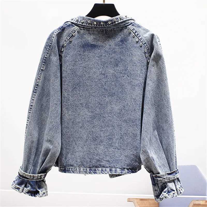 Vintage Black Denim Jacket Rivets Boyfriend Casual Jeans Outerwear Denim Coat Ladies Beads Loose Short High Street Jeans JacketsX240920