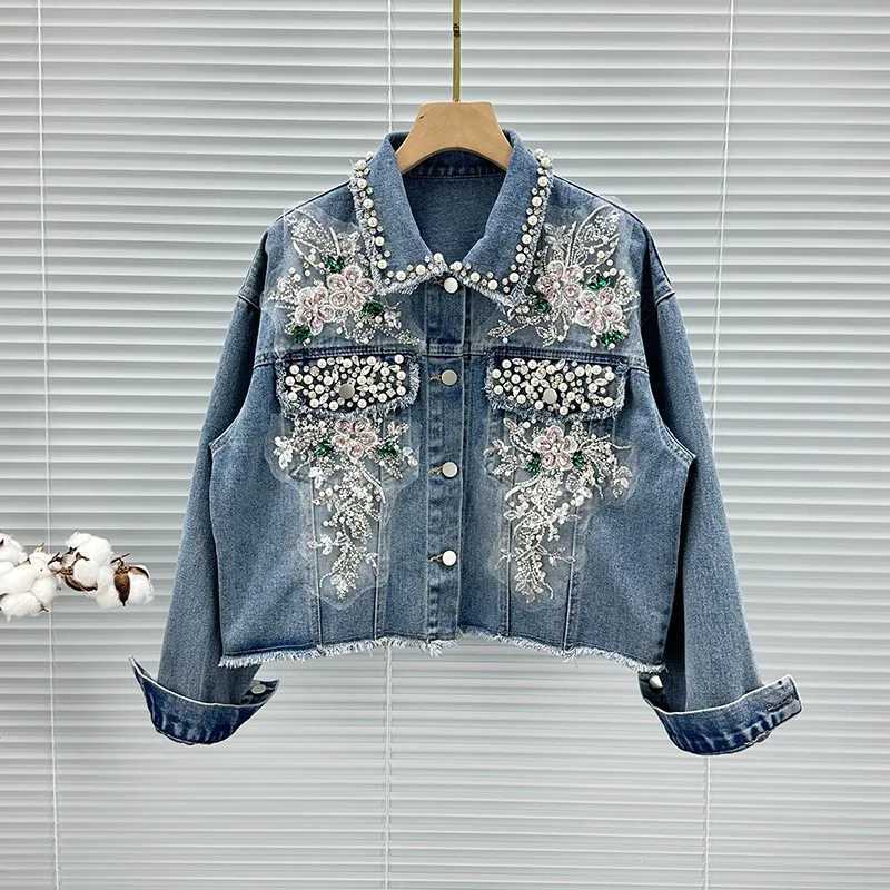 Blue Casual Short Denim Jacket Fashion Pearl Beaded Sequin Flowers Spring Women Loose Korean Lapel Long Sleeve Jeans Jacket CoatX240920