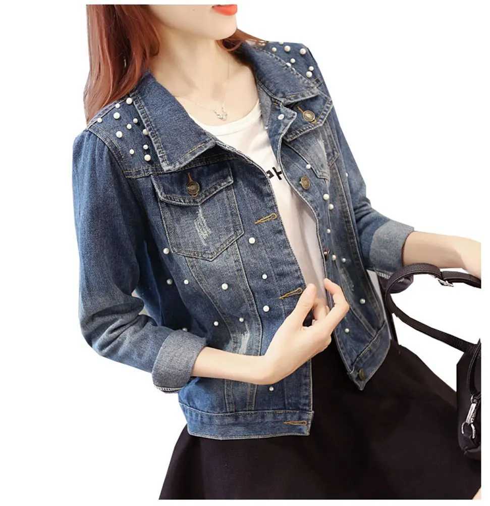 WomenS Fashion Denim Jacket Full Sleeve Loose Button Pearls Short Lapel Wild Single-Breasted Cardigan Pearl Beaded Jeans JacketX240920
