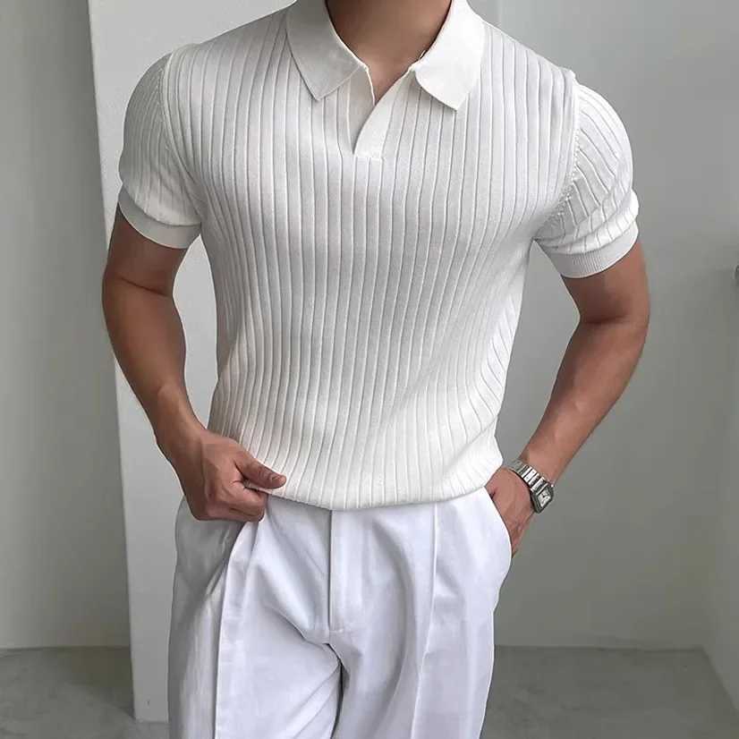 Summer Mens Slim Fit Polo Shirt Ice Silk Knit V-neck Striped Casual Business Fashion Short Sleeve T-shirt For Mature MenX240920