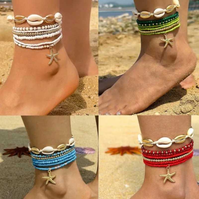 Cross-border New Bohemian Holiday Wind Shell Beaded Braided Womens Anklet Beach Wind Starfish Rice Beads Seven-piece Set 2024 Y240920