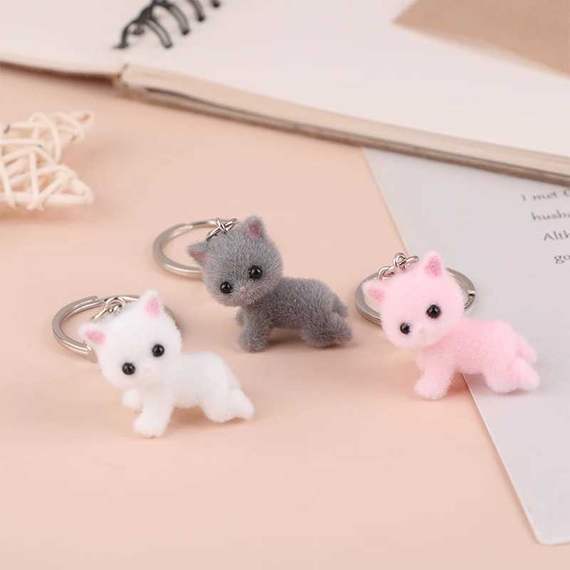 Cartoon 3D Flocking Lying Cat Keychain Cute Lying Down Kitten Animal Keyring Pendant DIY Backpack Charms Car Bag Decor Toy GiftsX240919