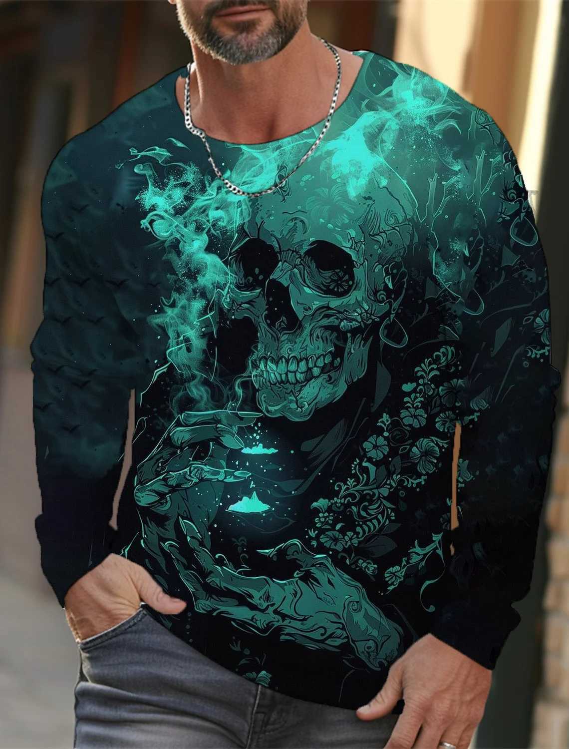 2024 new mens long-sleeved T-shirt 3D printing high-definition skull print mens autumn tops casual round neck home clothesX240919