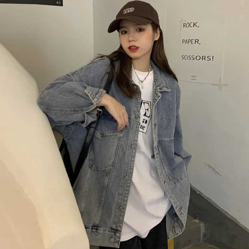 New Korean Denim Jacket Women Autumn Outerwear Oversized Long Sleeve Coat Female Vintage Loose Streetwear Jeans Jackets TopX240920
